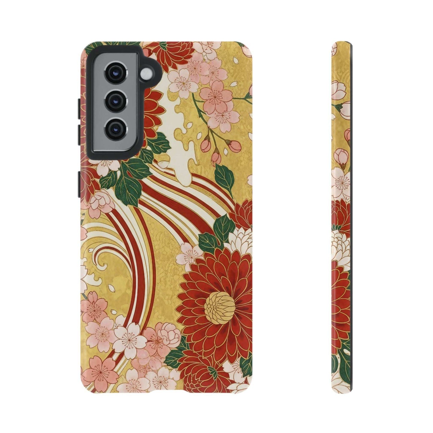 Samsung Case with Japanese floral gold chrysanthemum design, durable and impact-resistant, compatible with wireless charging
