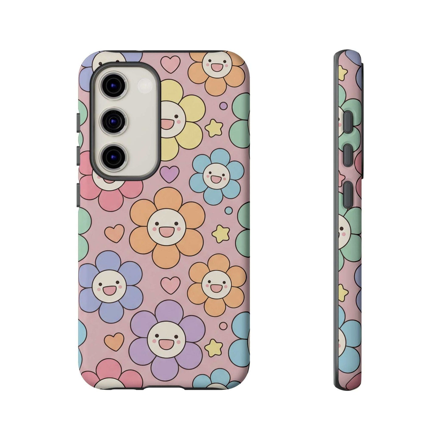 Happy Flower Samsung Phone Case with colorful smiling floral pattern and dual-layer protection for Samsung phones