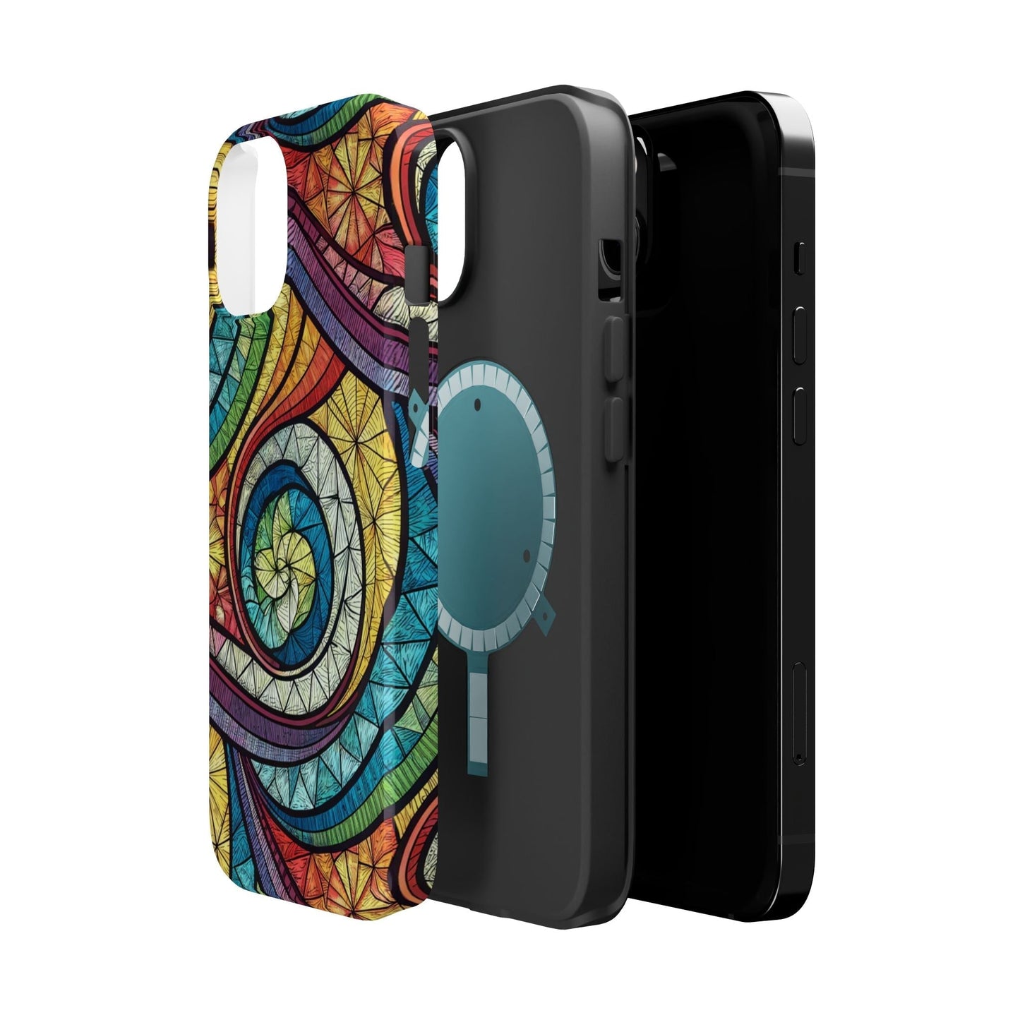 iPhone case with stained glass inspired rainbow swirl design and MagSafe compatibility