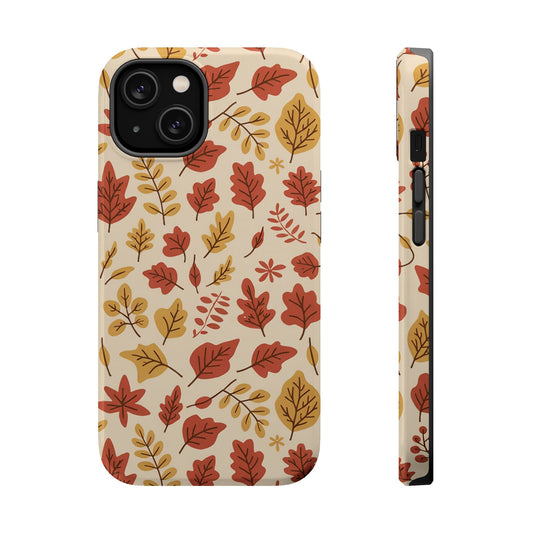 Fall Leaves iPhone case with autumn leaf pattern, durable dual-layer protective cover with MagSafe compatibility