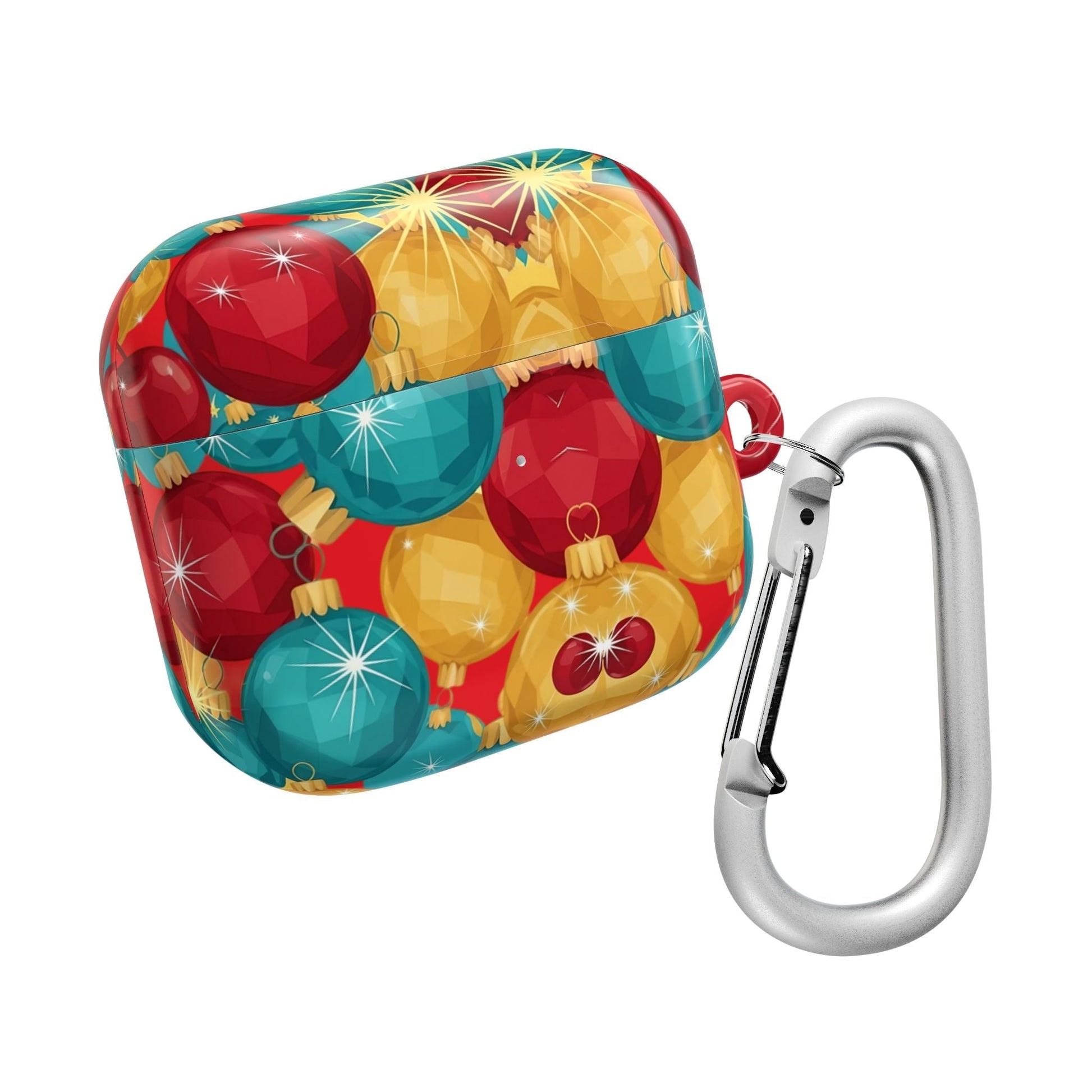Christmas tree bulb themed AirPod case with colorful festive ornaments and attached carabiner clip