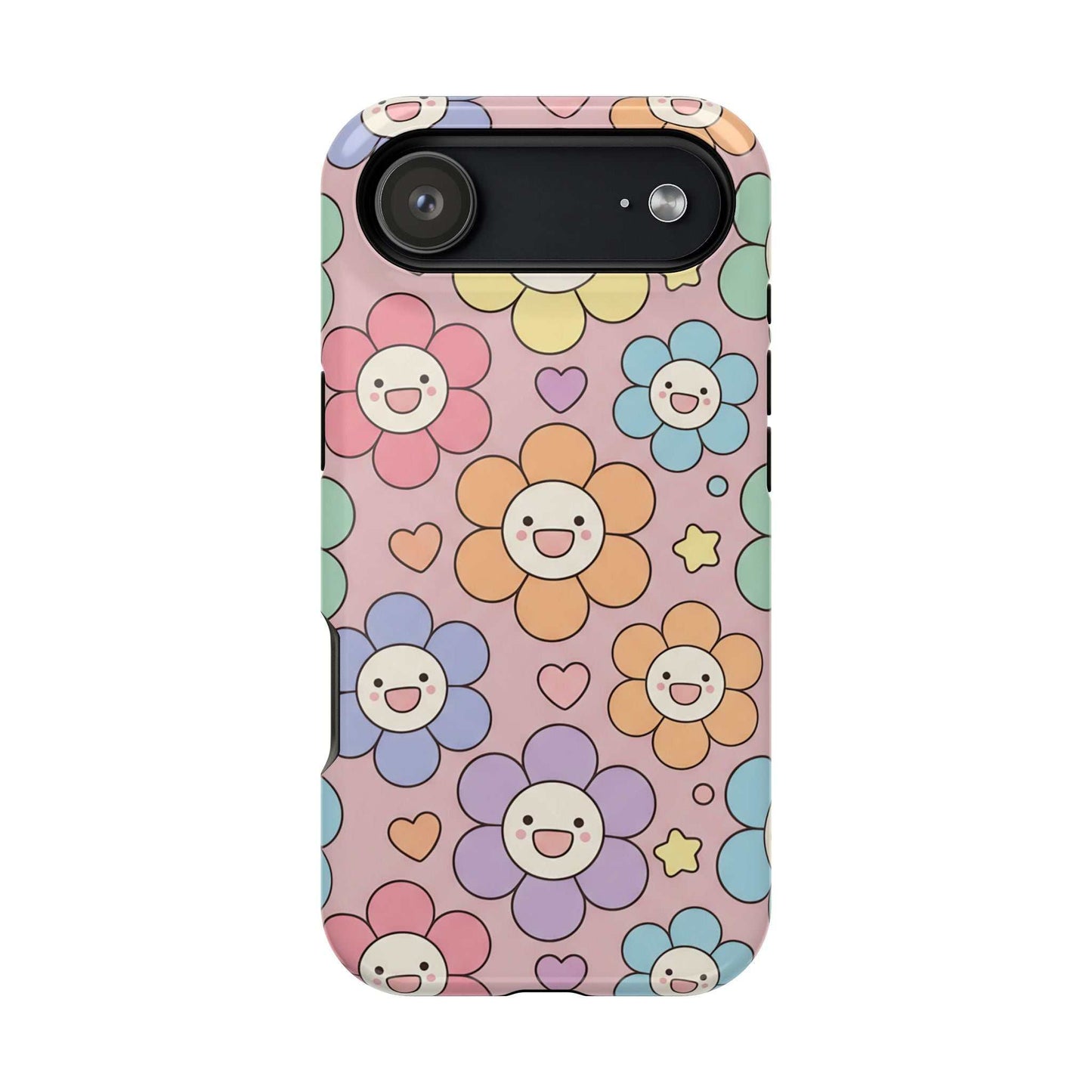 Happy Flower iPhone Tough Case with colorful smiling floral pattern, impact-resistant and MagSafe compatible phone cover