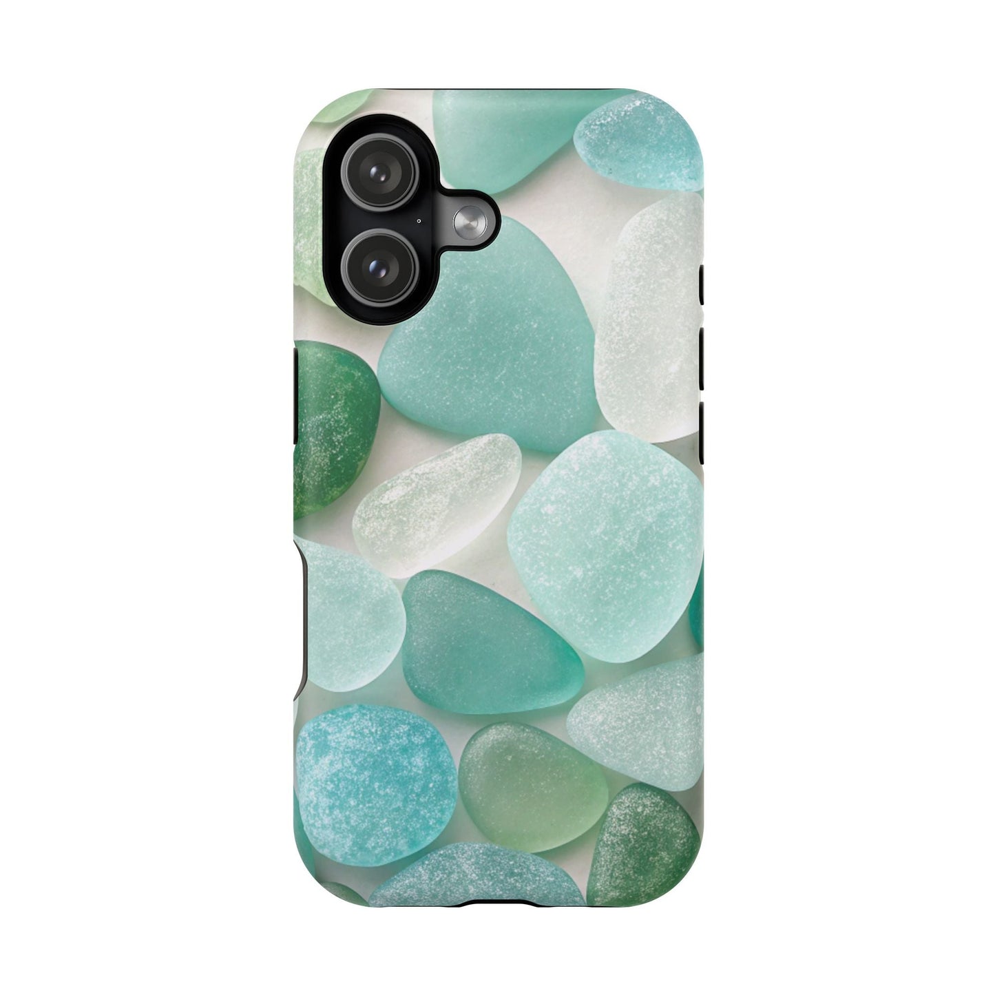 Sea glass inspired design iPhone case with teal and white frosted stones, durable tough protective cover with MagSafe compatibility
