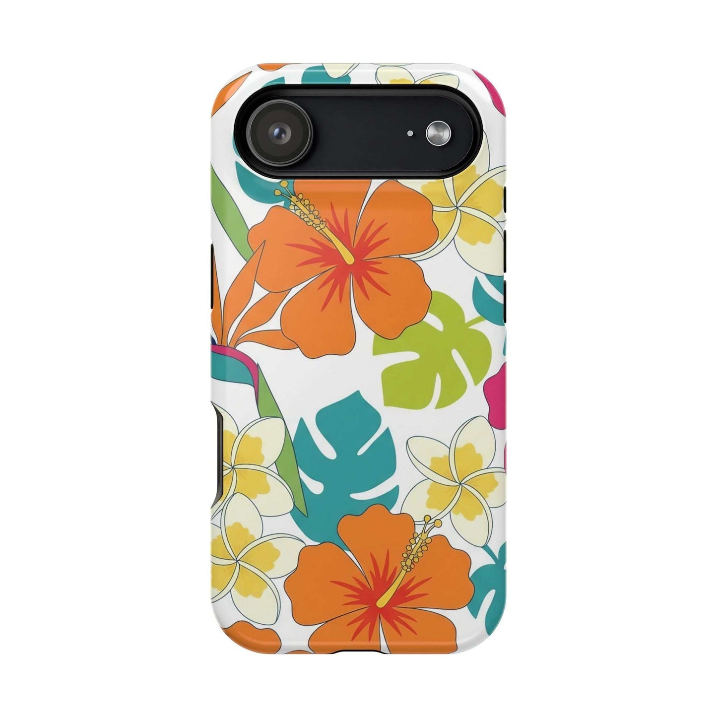 Floral iPhone case with vibrant orange hibiscus and tropical leaf design, impact-resistant and MagSafe compatible