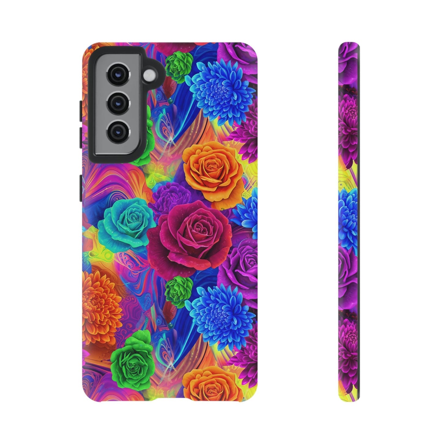 Vibrant Floral Samsung Phone Case with colorful 3D rose and chrysanthemum design, protective TPU silicone shock-absorbent cover
