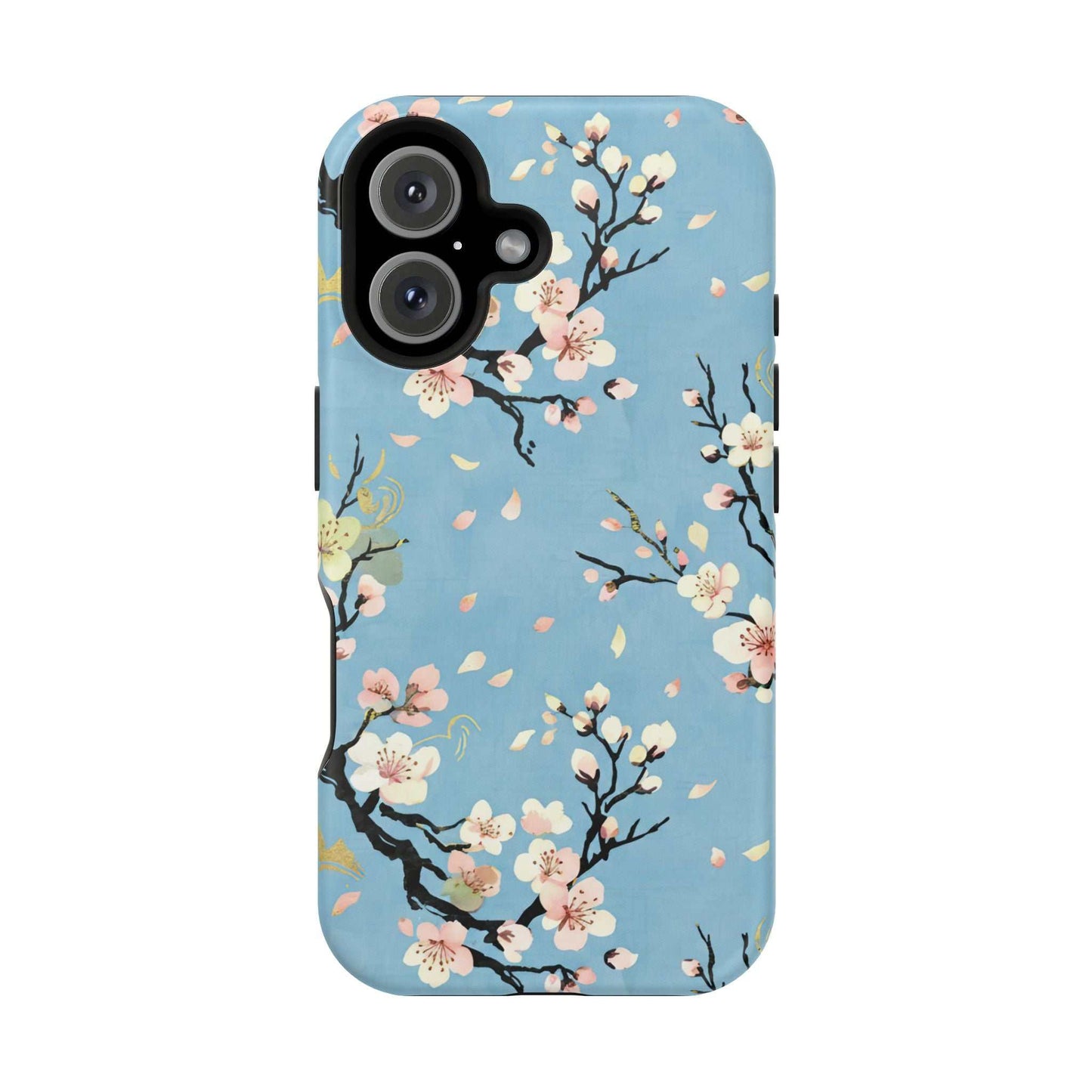 Spring Bloom iPhone Tough Case with floral print and MagSafe compatibility on blue background