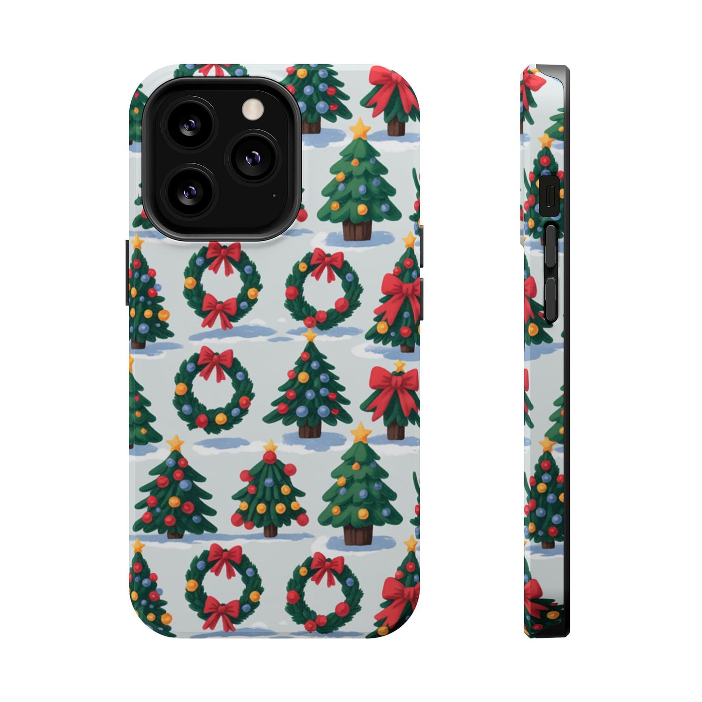iPhone case with festive Holiday Tree and Wreath pattern in vibrant colors and durable dual-layer protection