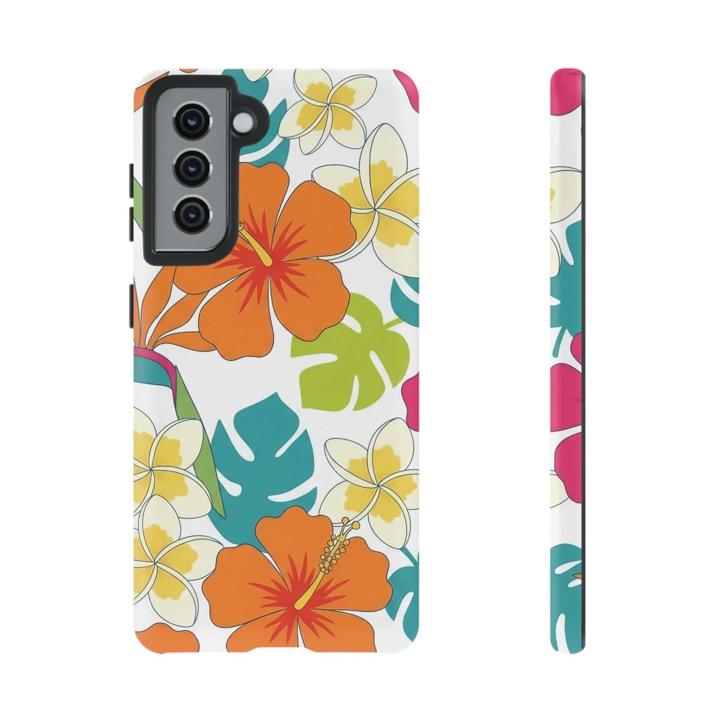 orange floral Samsung phone case with vibrant tropical hibiscus print and durable protective design