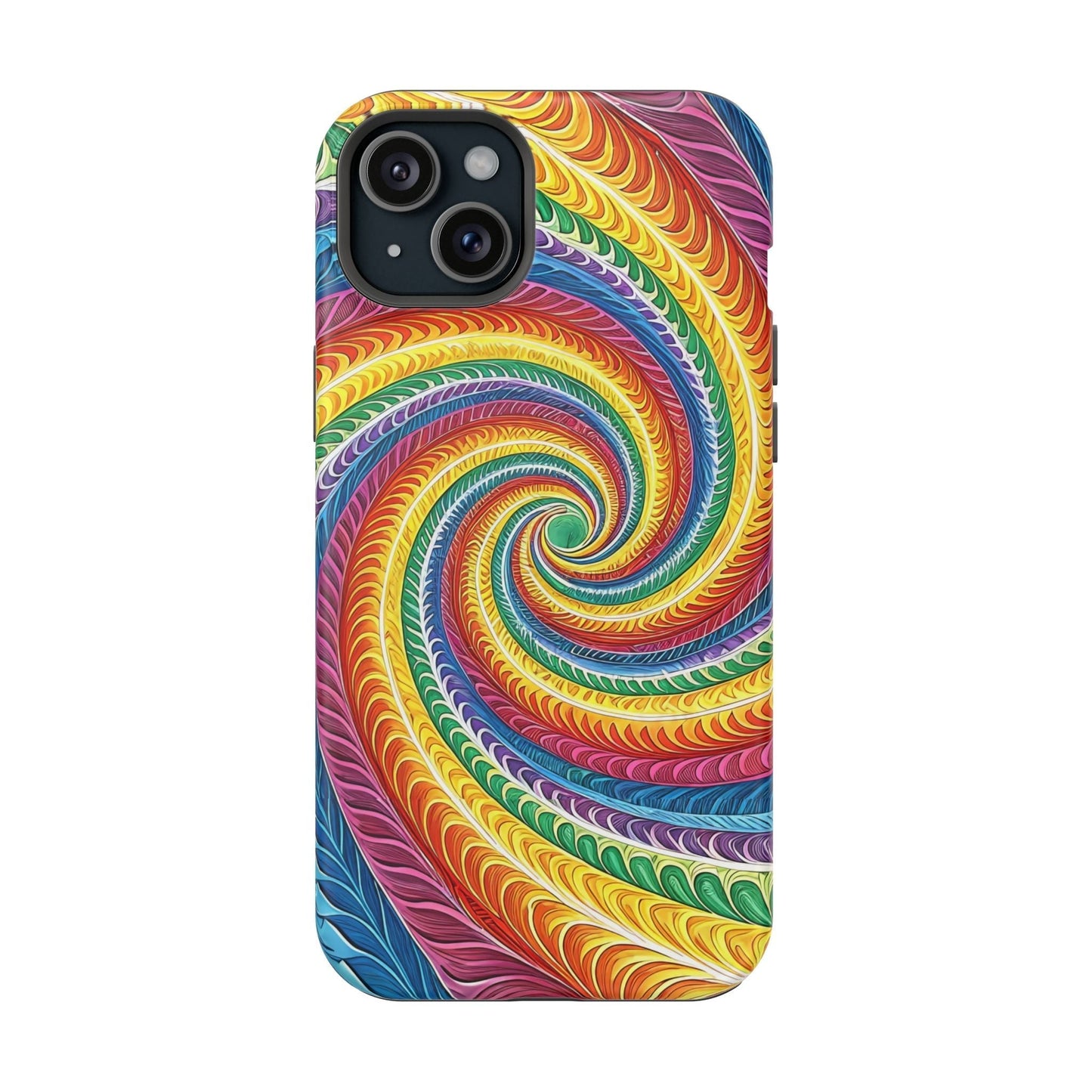 Rainbow Swirl iPhone tough case with vibrant spiral design, durable dual-layer protection, MagSafe compatible.