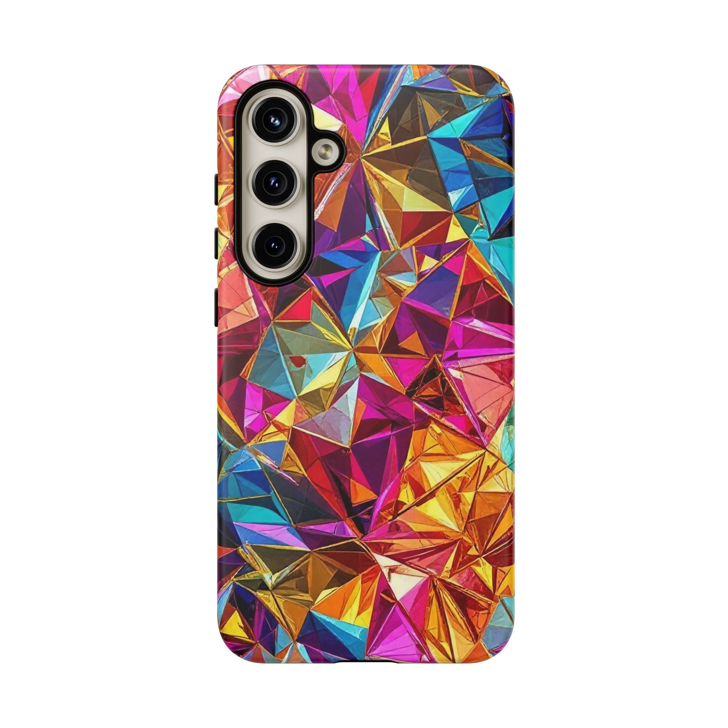 Rainbow foil Samsung phone case with vibrant, colorful geometric design and durable impact-resistant protection