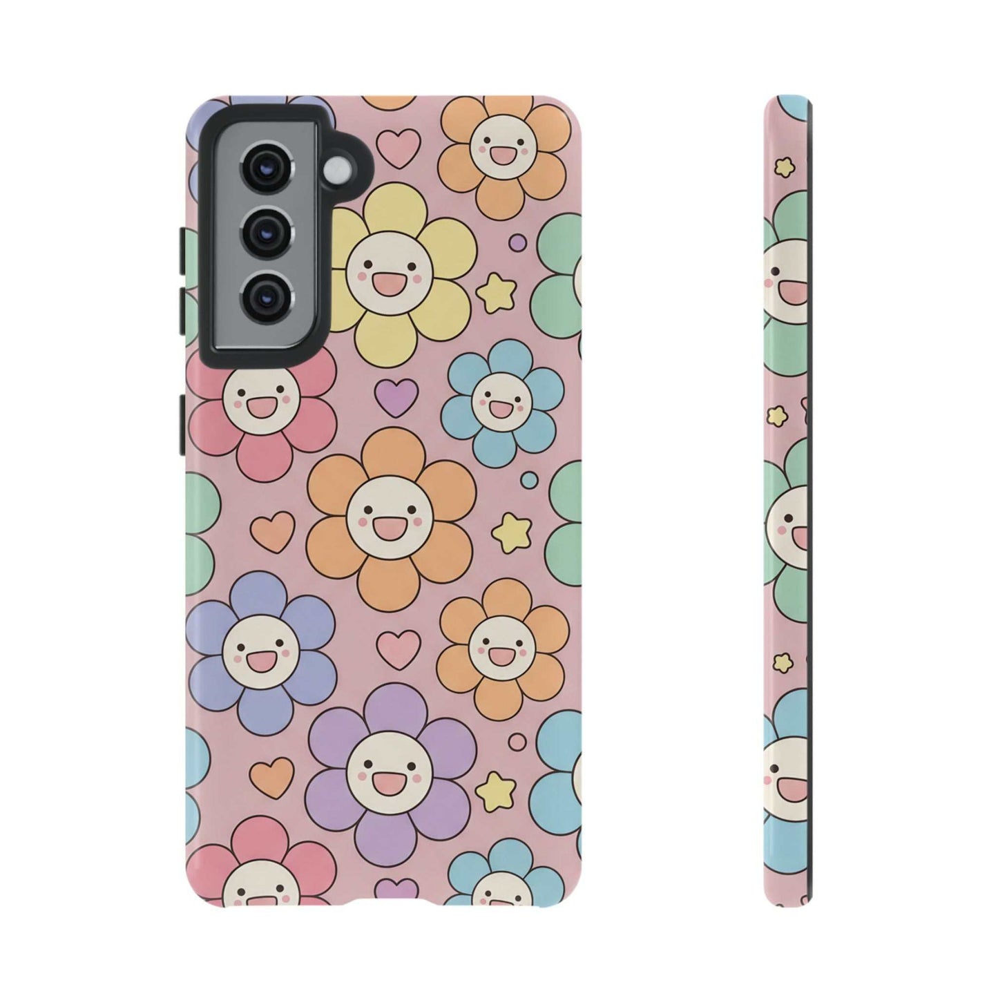 Happy Flower Samsung phone case with colorful smiling floral pattern and dual-layer protection
