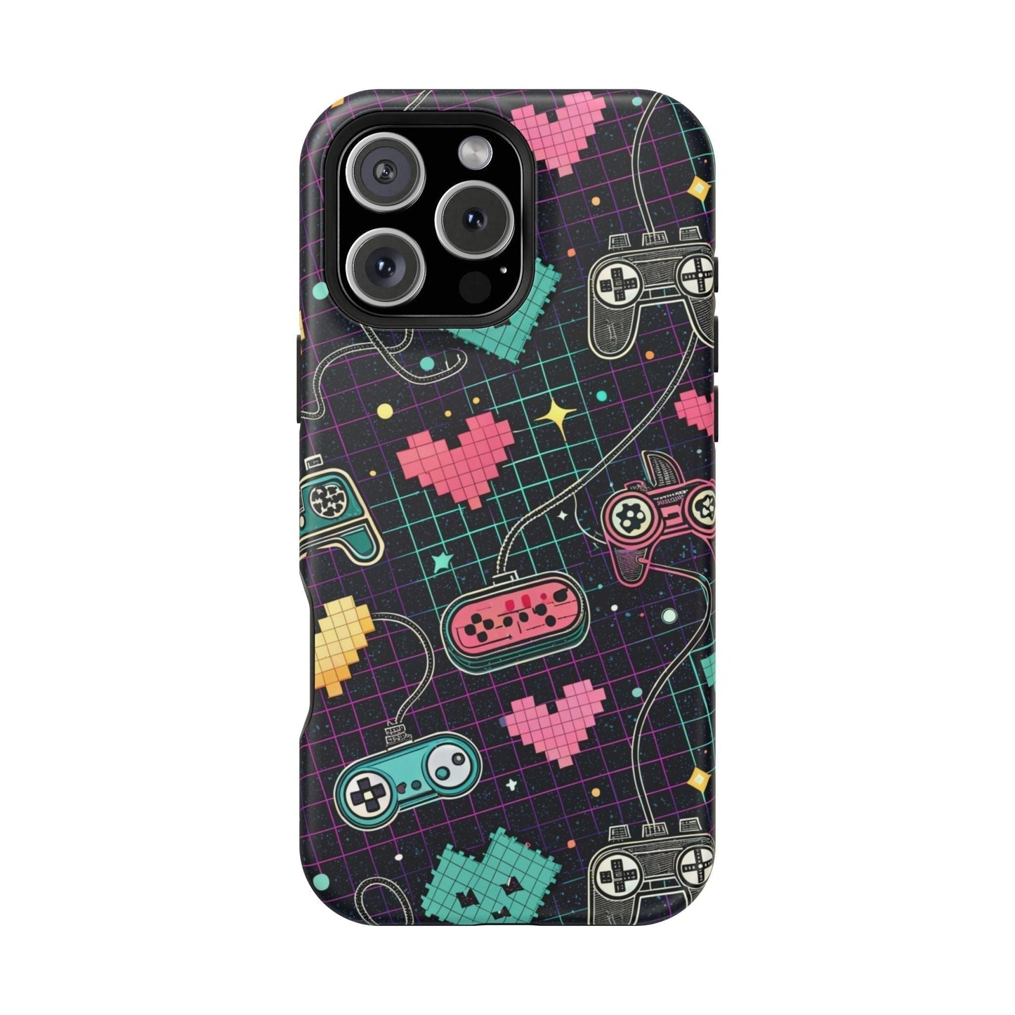 Retro Gamer Inspired dual-layer iPhone case with colorful pixelated hearts and game controllers design, MagSafe compatible.
