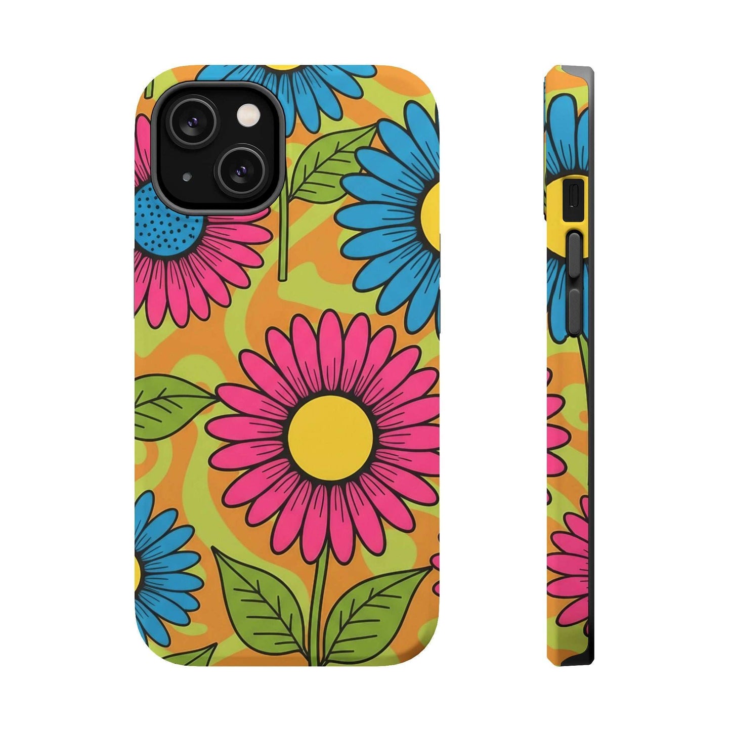 Flower Child iPhone Tough Case with colorful floral design, durable dual-layer protection, and MagSafe compatibility