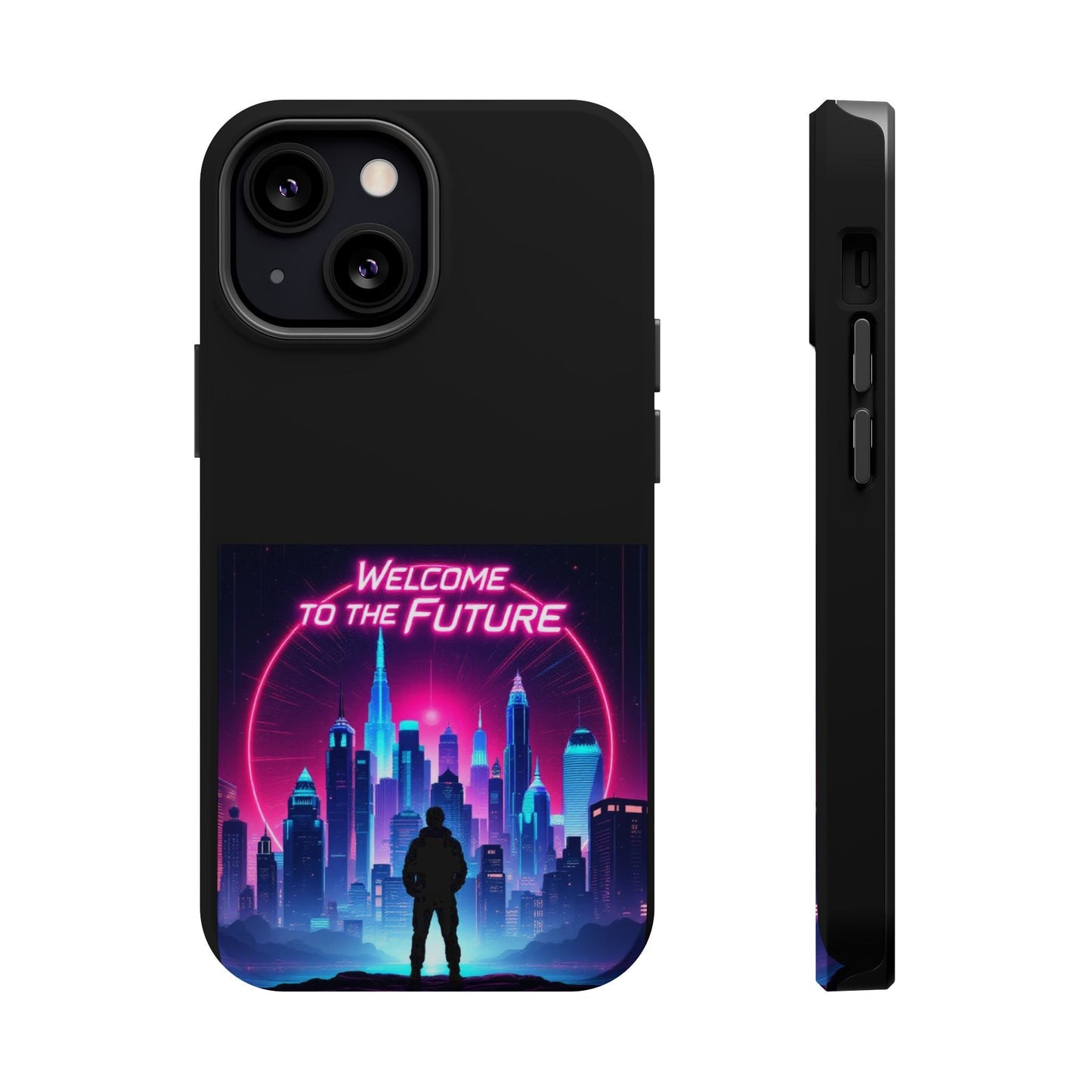 Futuristic Vibe iPhone Case with neon cityscape and "Welcome to the Future" text, durable MagSafe tough cover for iPhone 13 to 16 series.