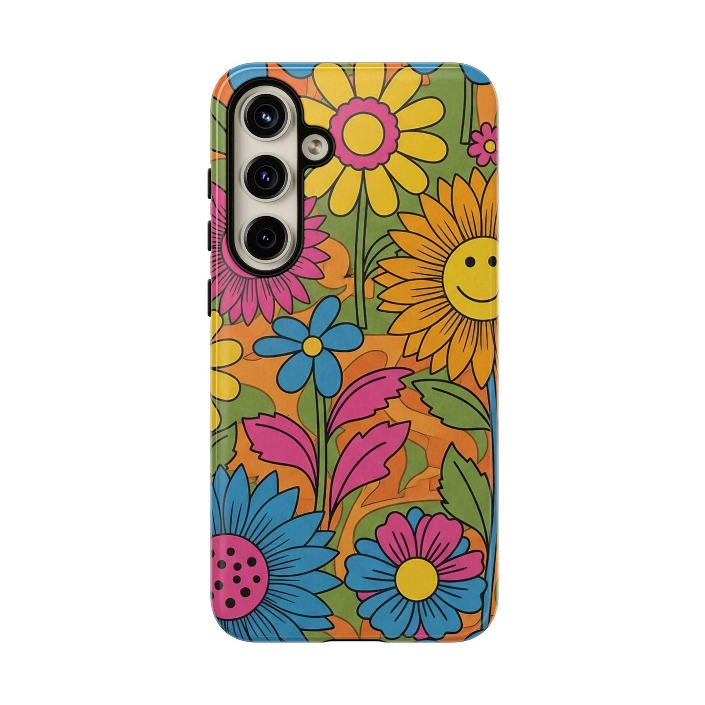 Samsung Phone Case with colorful retro flower power design and durable shock-absorbing protection