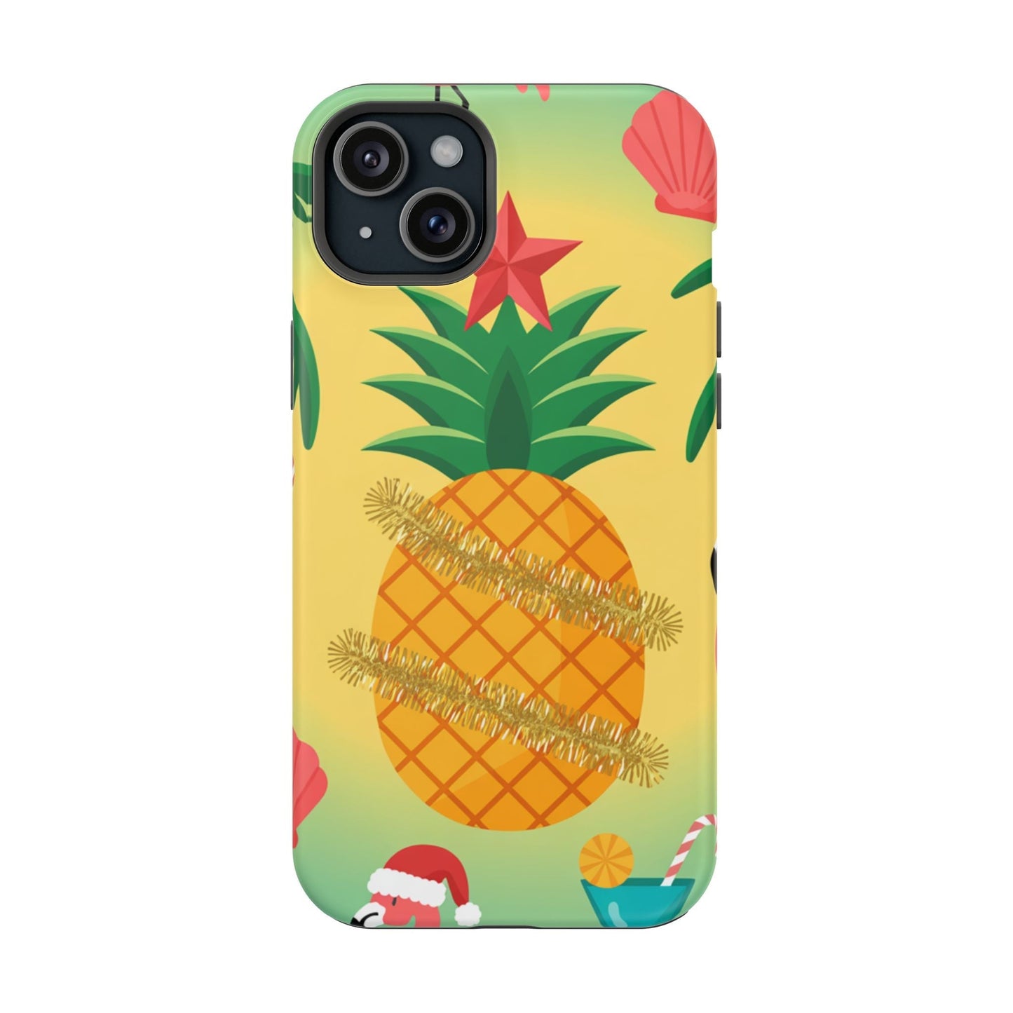 iPhone case with vibrant pineapple Christmas design, durable polycarbonate, MagSafe compatible