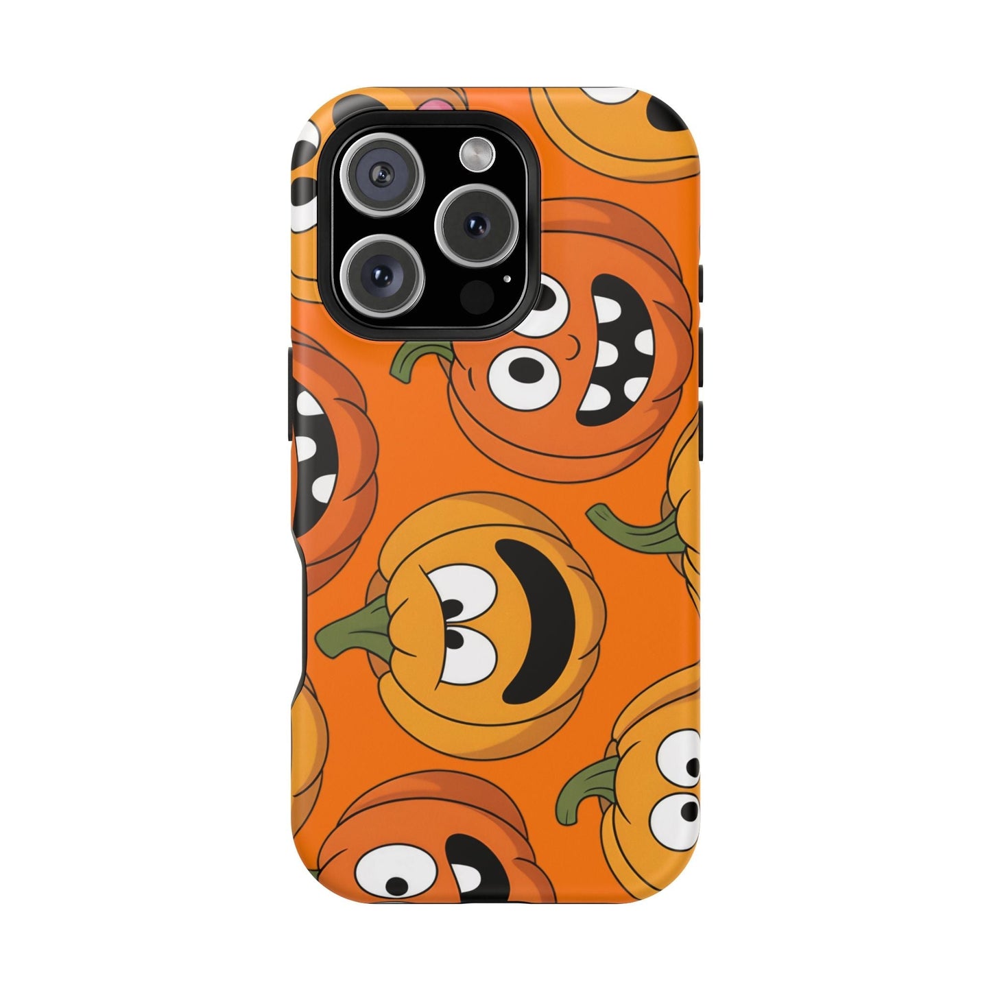 Tough iPhone case with Moody Pumpkins Design featuring vibrant spooky pumpkins on orange background and MagSafe compatibility