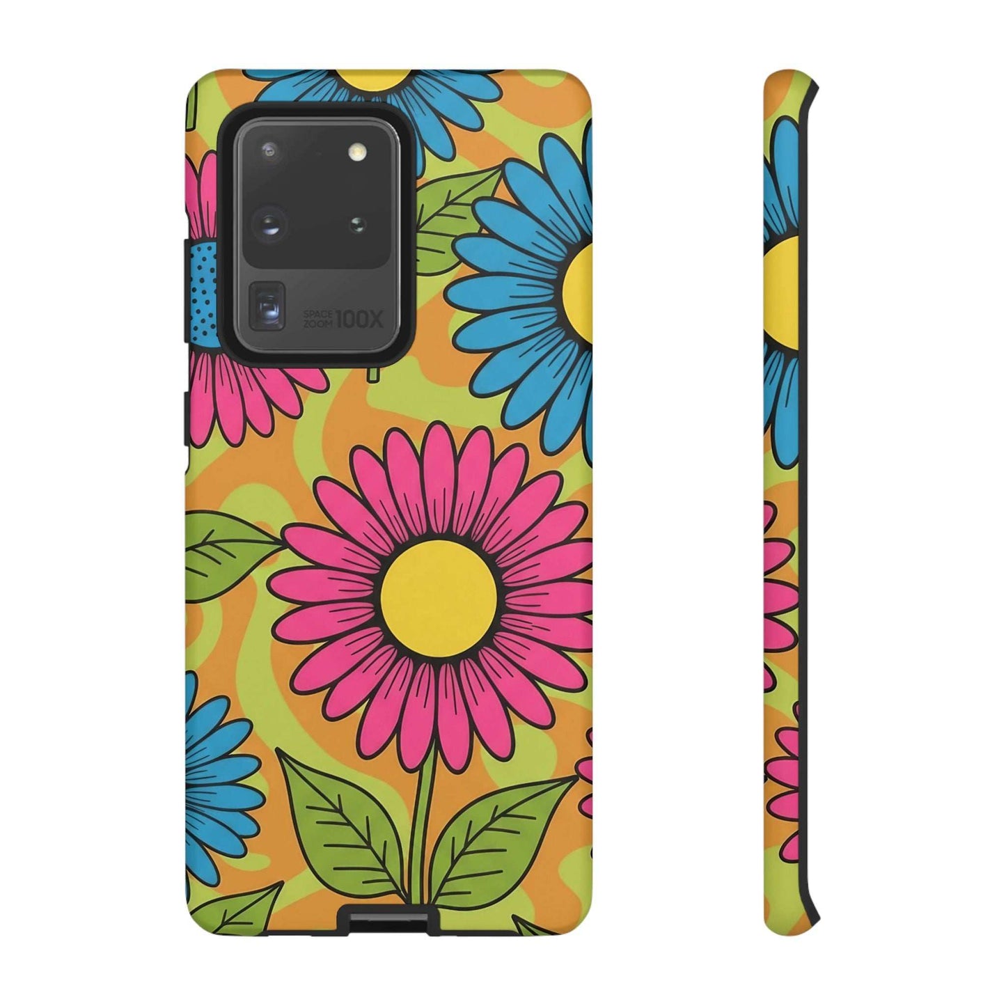 Samsung Tough Case with vibrant floral design, durable impact-resistant shell, shock-absorption silicone liner, and wireless charging compatibility.
