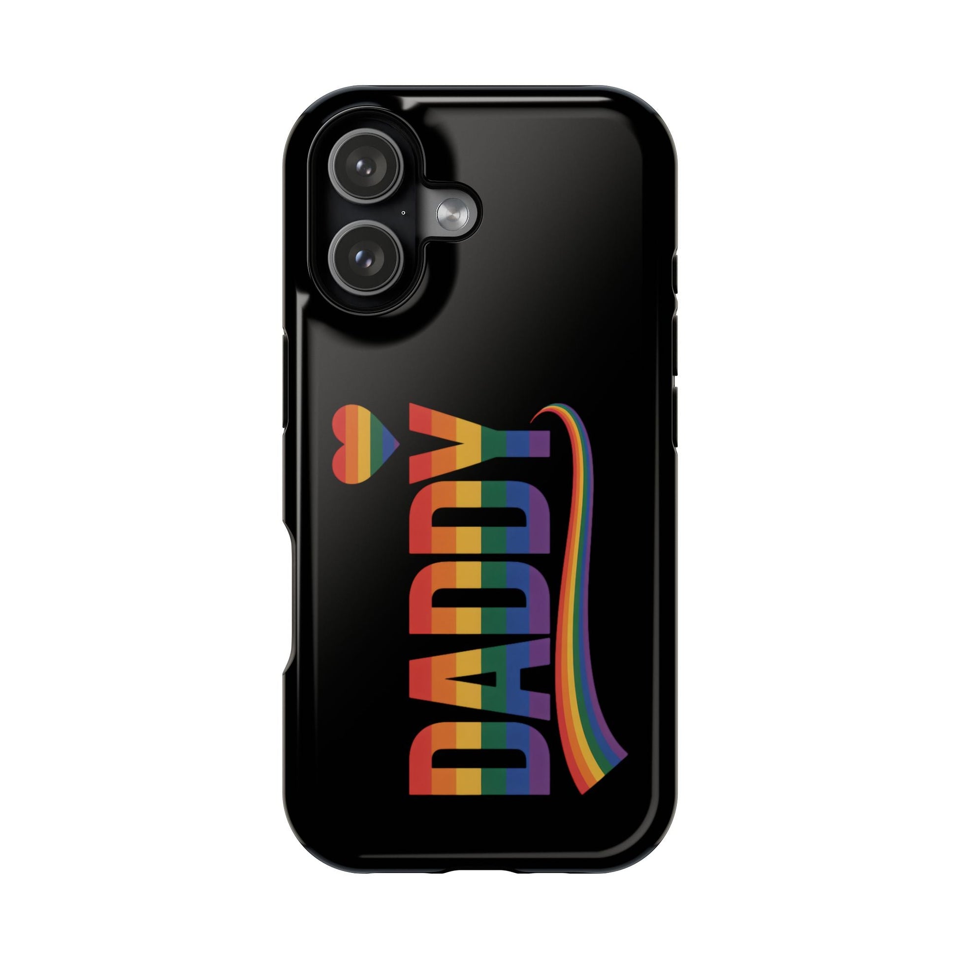 Black iPhone tough case with colorful rainbow "DADDY" text and heart design, Fun Daddy LGBT Daddy style, MagSafe compatible