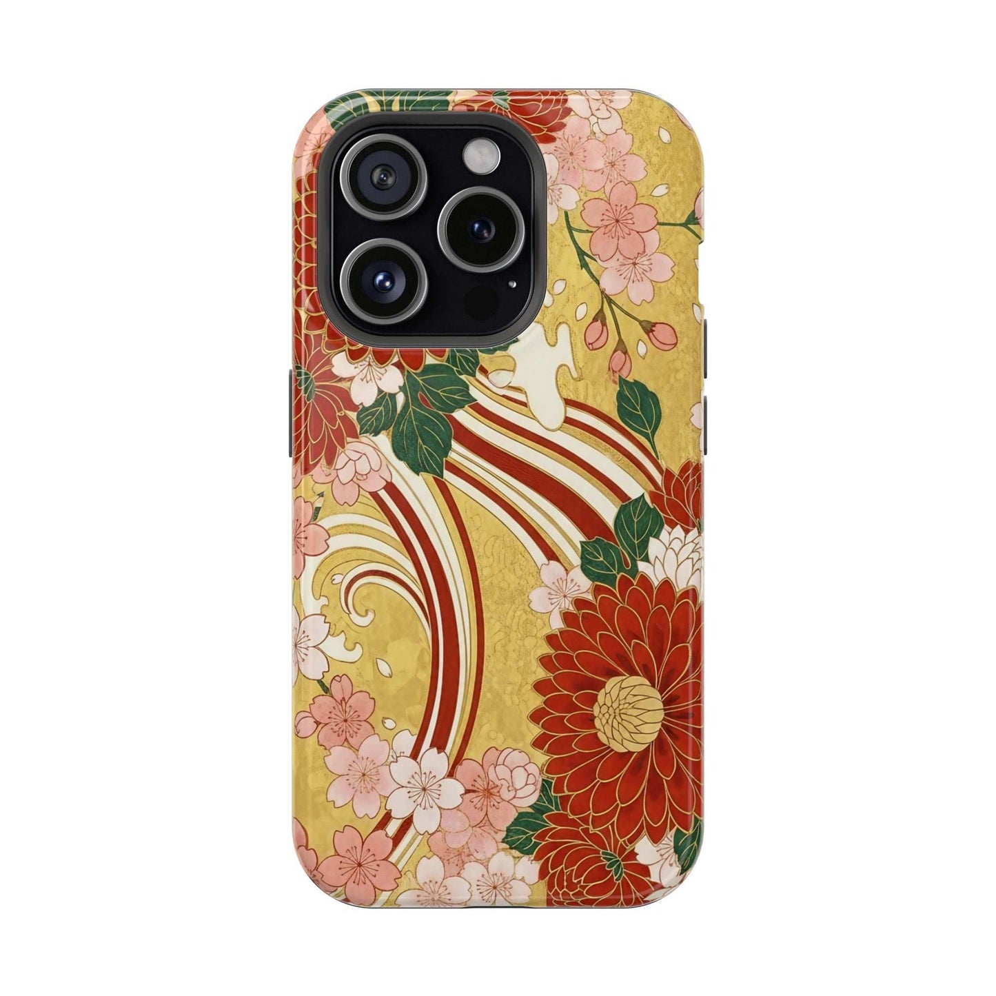 Japanese floral chrysanthemum and cherry blossom iPhone case with magnetic impact-resistant design