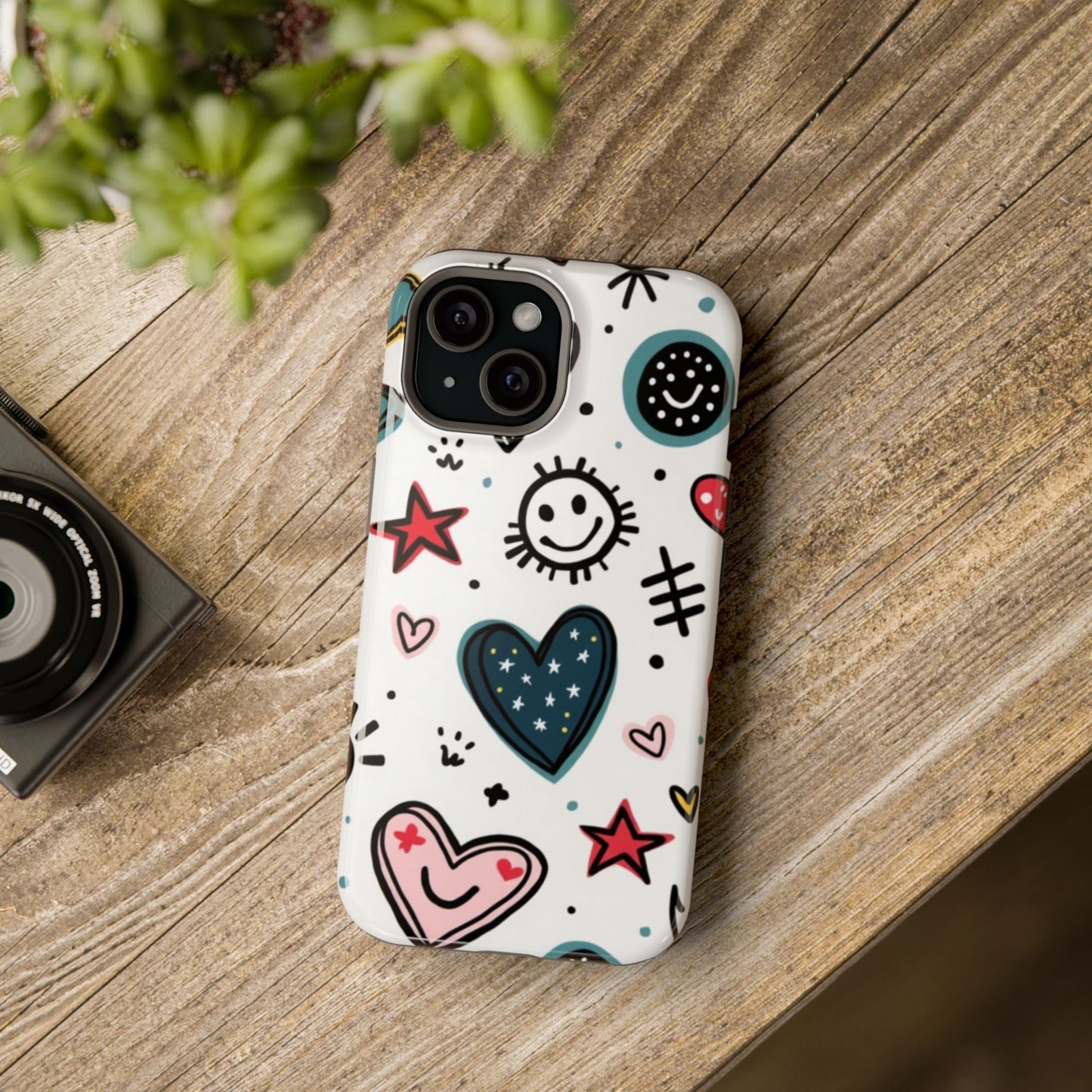 Cartoon Hearts and Smiles iPhone tough case with colorful playful design and durable protection