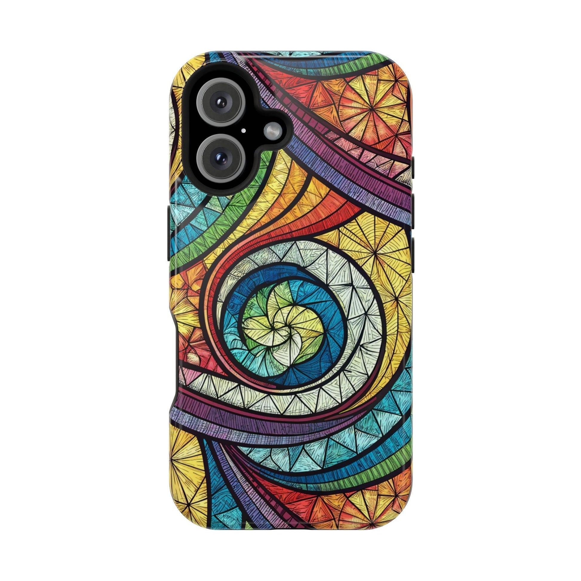 Stained glass inspired rainbow swirl iPhone case with vibrant artistic design and MagSafe compatibility