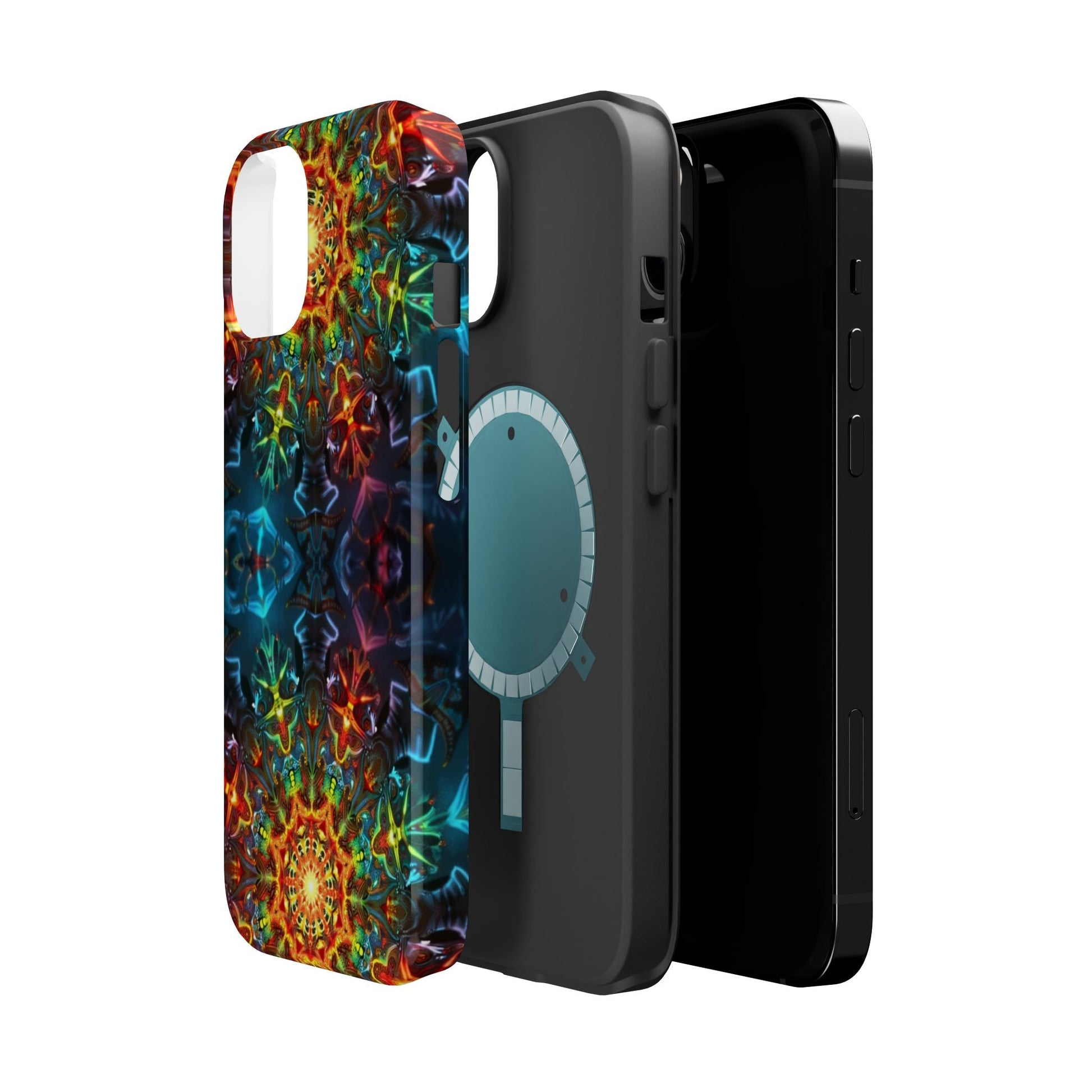 iPhone case with vibrant Abstract Kaleidoscope Design, dual-layer protective shell, and MagSafe compatibility