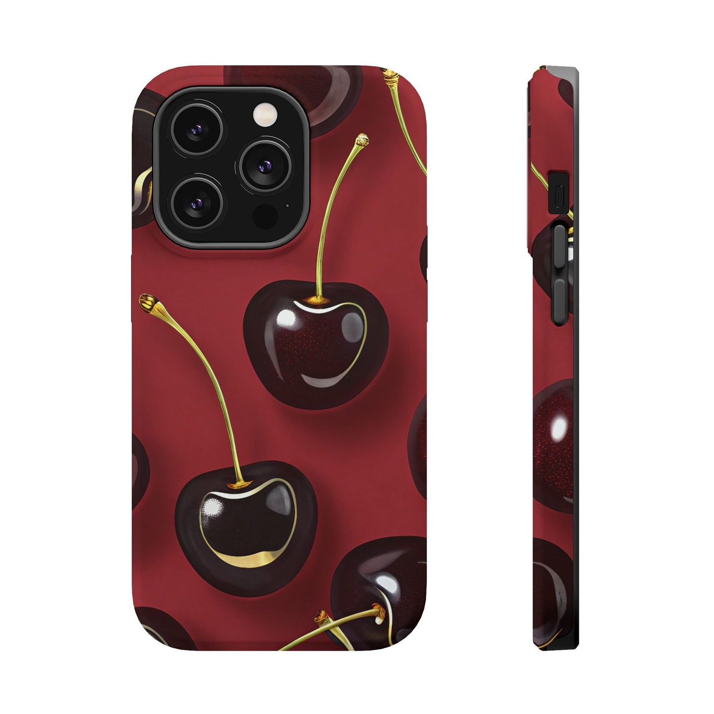 Cherry iPhone tough case with vibrant photo-realistic cherry design, dual-layer durable protection, and MagSafe compatibility.