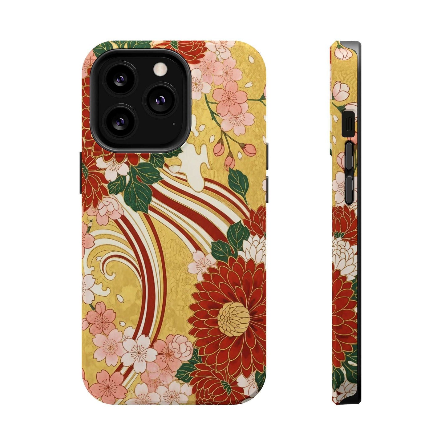 iPhone case with Japanese chrysanthemum and cherry blossom floral design, impact-resistant and MagSafe compatible