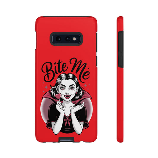 Red Samsung phone case with a cartoon vampire girl and "Bite Me" text, Halloween-themed protective cover