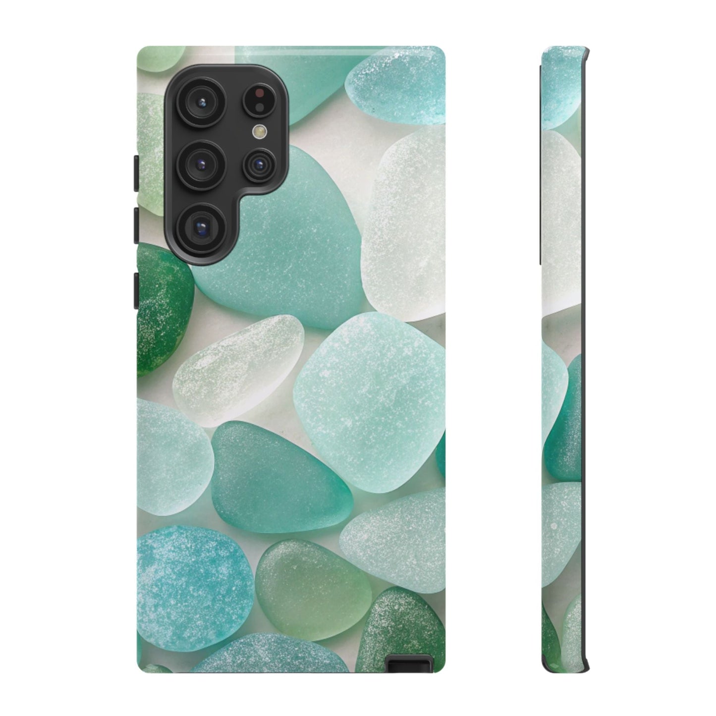 Samsung phone case with calming sea glass design in shades of blue and green, durable and impact-resistant protection for Galaxy series phones