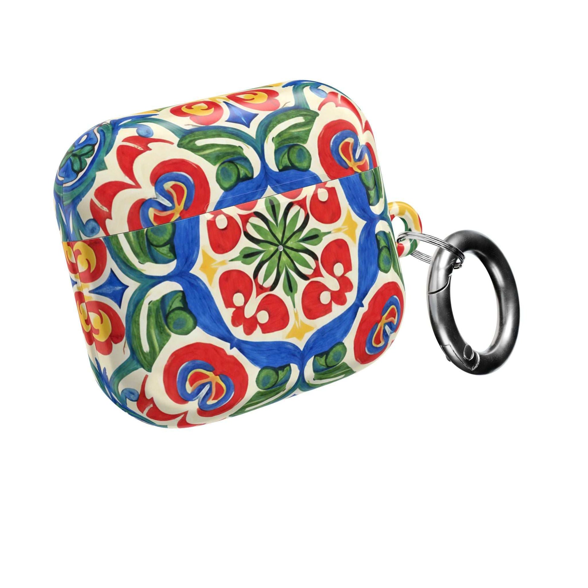 Mediterranean hand-painted folk tile AirPods case with vibrant blue, red, and green ceramic design and attached carabiner clip