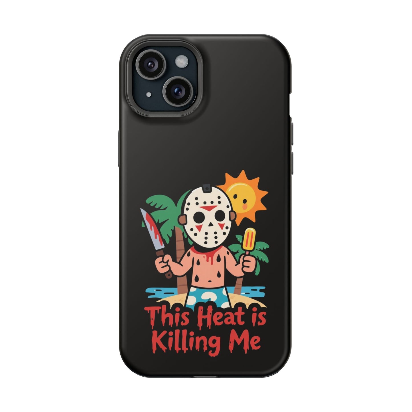 Summerween inspired black phone case with funny "This Heat is Killing Me" design featuring cartoon character in mask holding popsicle and knife against tropical background