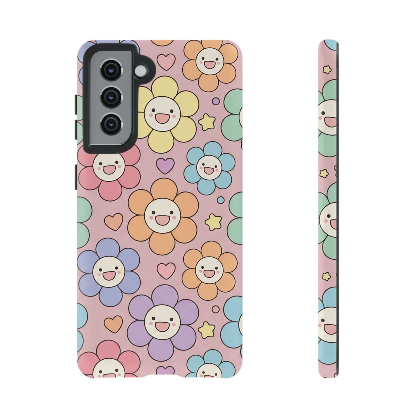 Happy Flower Samsung Phone Case with colorful smiling flowers and hearts, dual-layer protective design for Samsung phones