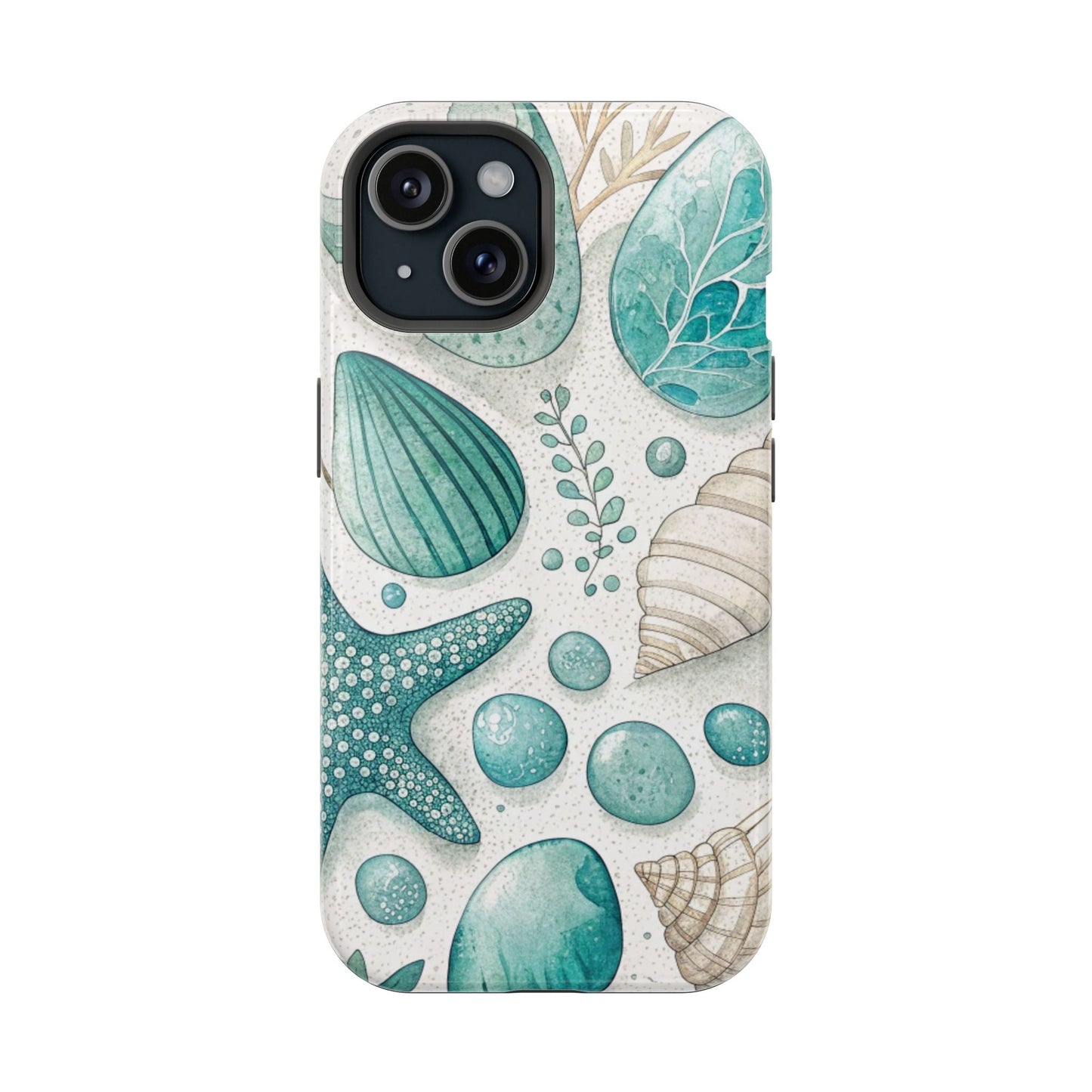 Celebration Sea iPhone tough case with ocean shell and starfish design, durable protective cover with MagSafe compatibility