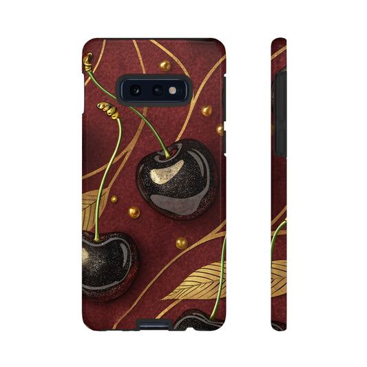Golden cherry design Samsung tough phone case with durable protection and stylish 3D print on dark red background