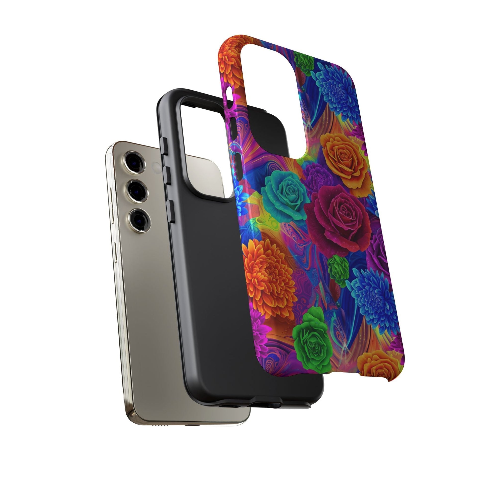 Vibrant floral Samsung phone case with colorful 3D wrap design and shock-absorbing TPU liner for protection and style