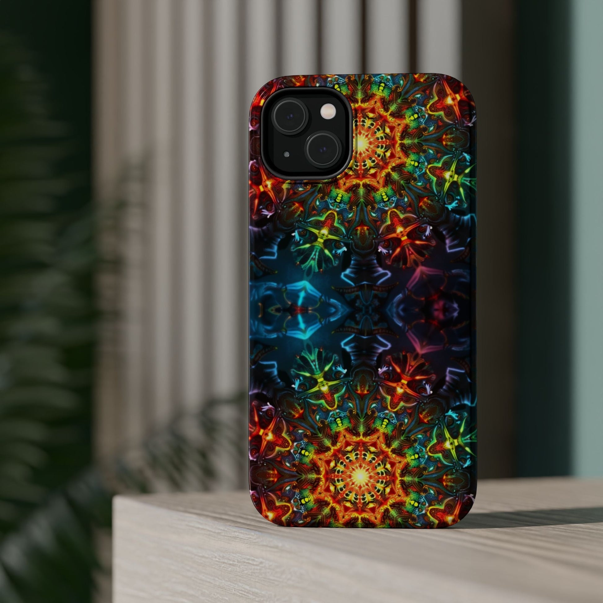Colorful abstract kaleidoscope design iPhone case with vibrant patterns and durable protective shell