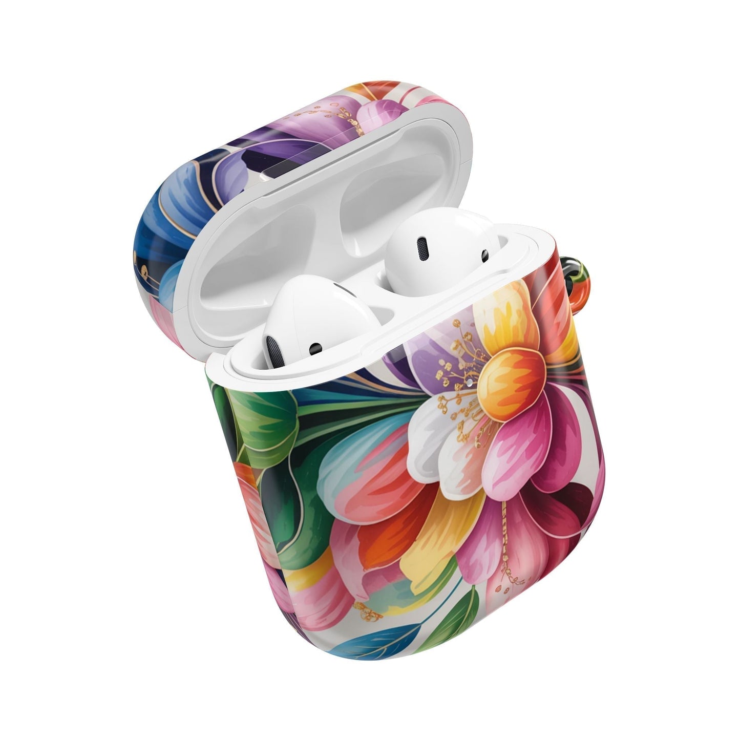 Floral inspired AirPod case with durable polycarbonate, scratch-resistant, lightweight, and carabiner attachment.