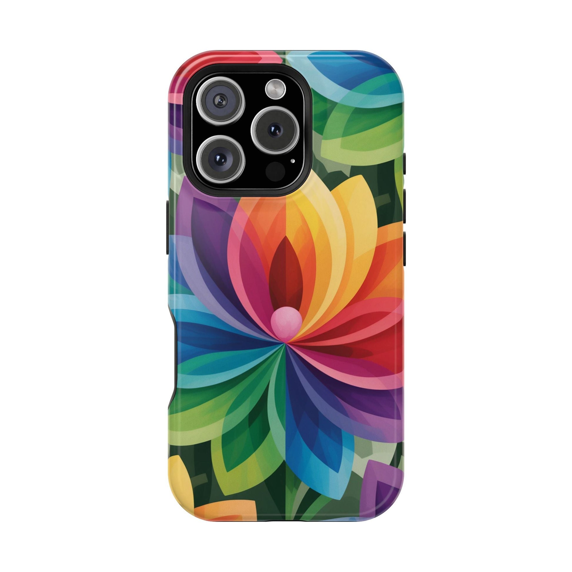 Rainbow Flower iPhone Case with vibrant multi-color floral design and MagSafe compatibility