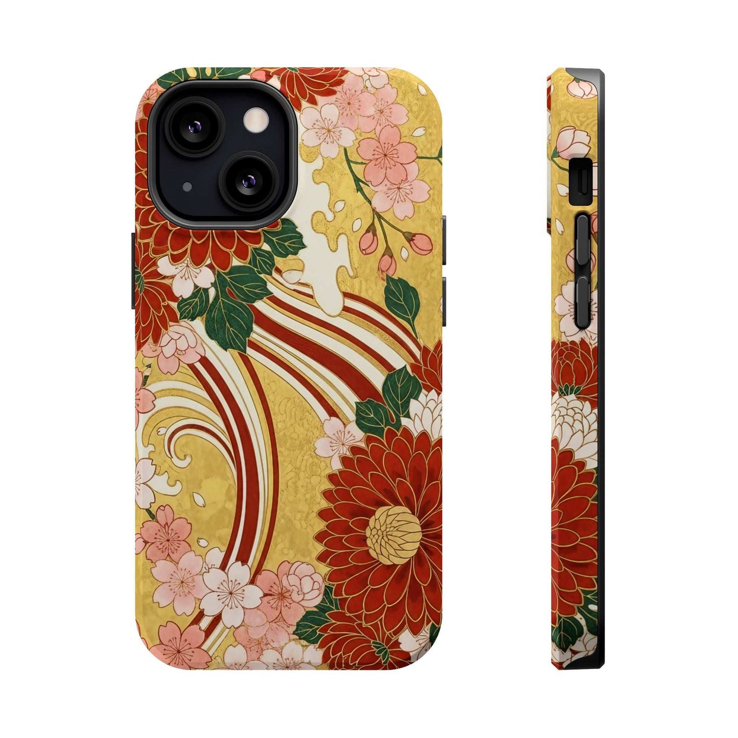 iPhone case with Japanese floral chrysanthemum and cherry blossom design, impact-resistant and MagSafe compatible