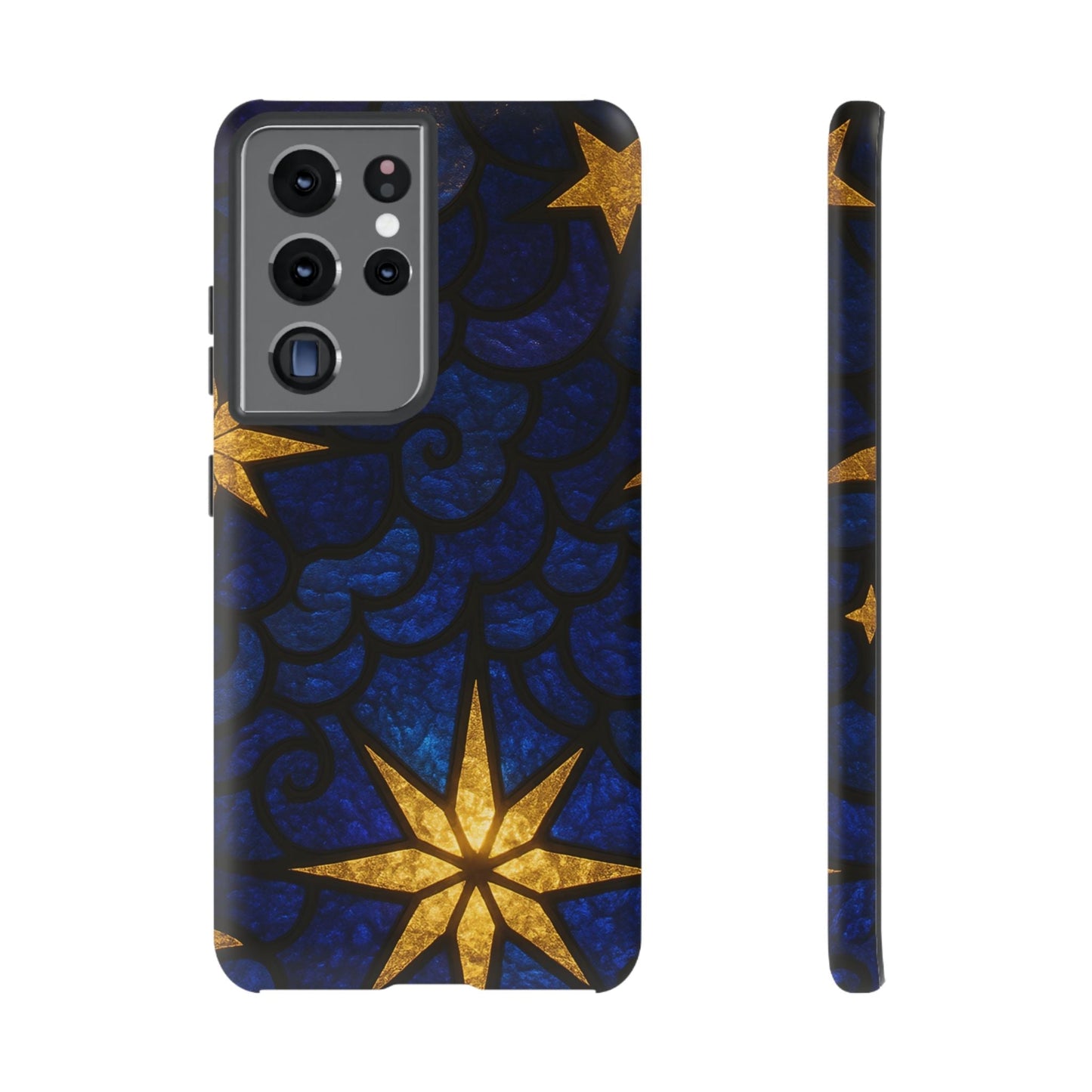 Golden Star Samsung phone case with blue background and gold star design, durable and impact-resistant protective cover for Samsung Galaxy models