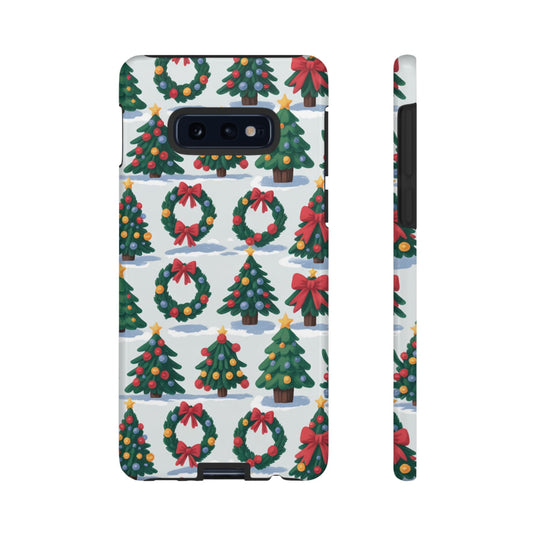 Samsung phone case with Holiday Wreath Tree pattern featuring Christmas trees and wreaths with red bows and colorful ornaments.