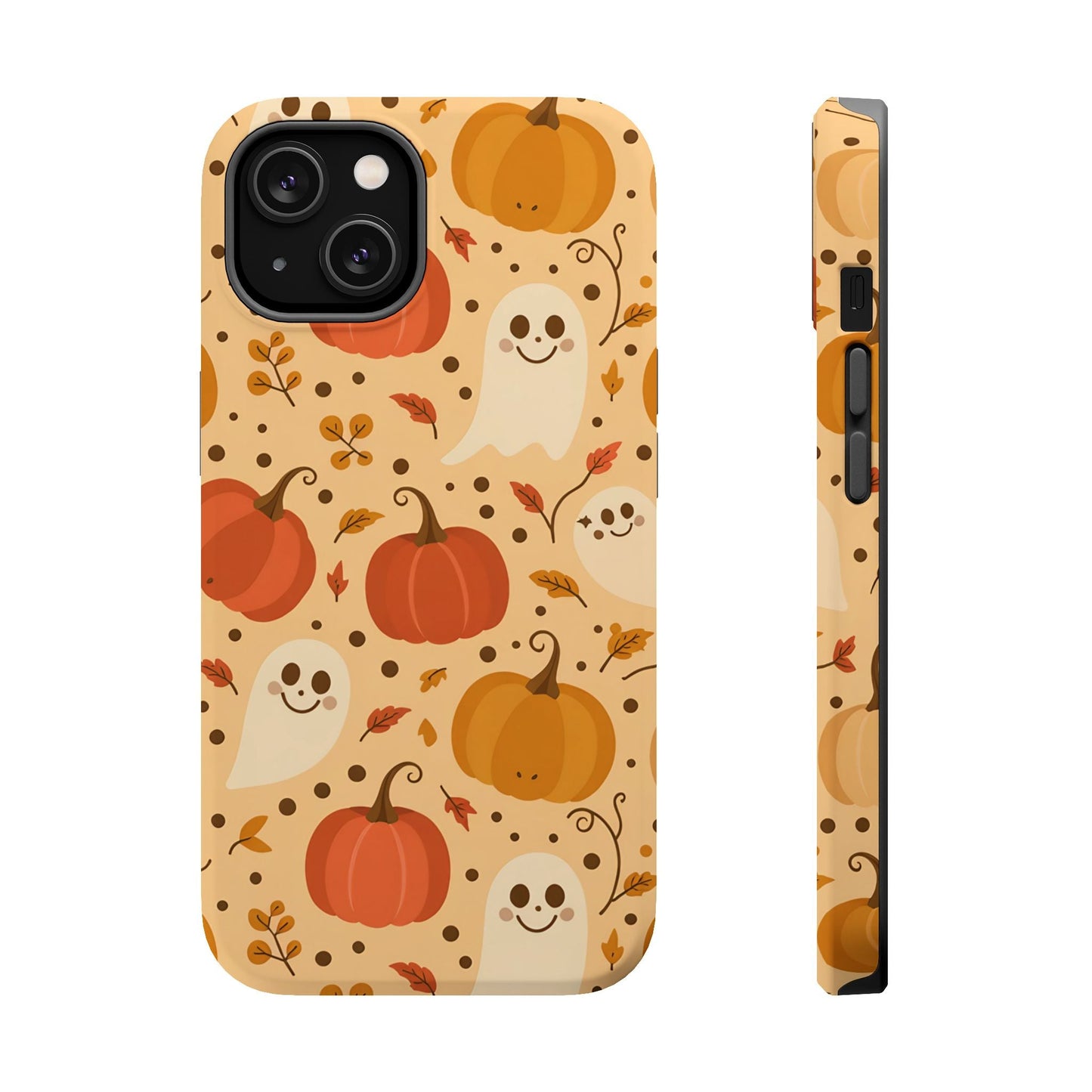 Spooky Pumpkins Halloween iPhone case with ghosts and pumpkins design, durable MagSafe compatible phone cover