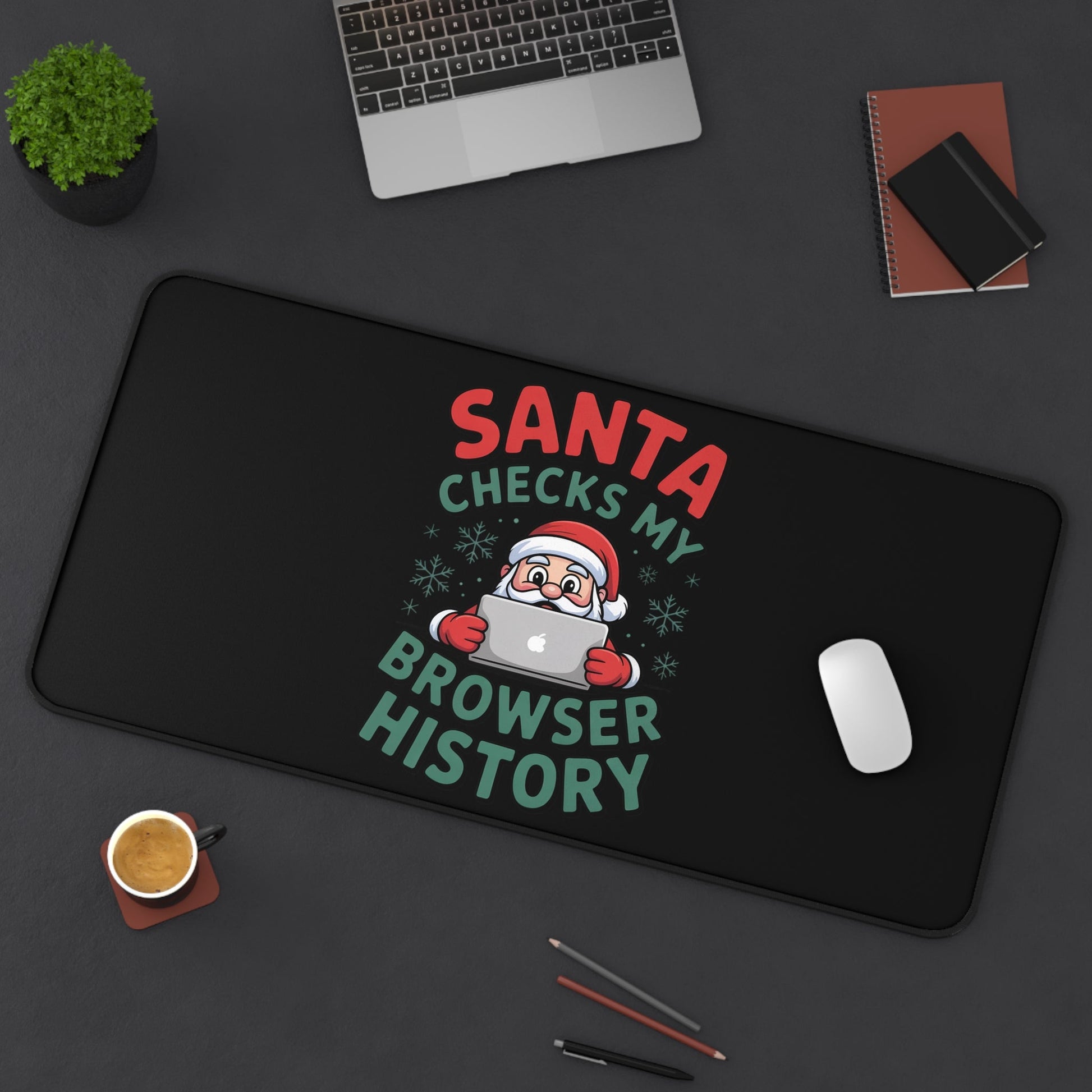 Funny Santa desk mat with Santa checking browser history design on black non-slip surface