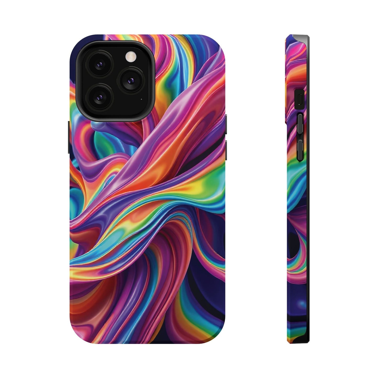 iPhone tough case with vibrant wrapping rainbow design and durable dual-layer protection