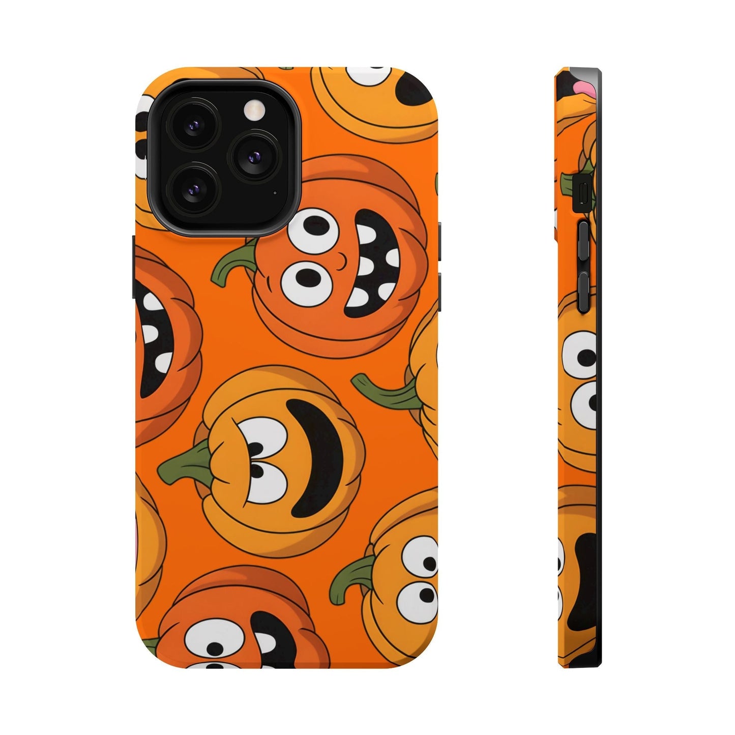 iPhone case featuring Moody Pumpkins Design with spooky cartoon pumpkins on orange background, protective dual-layer cover with MagSafe compatibility
