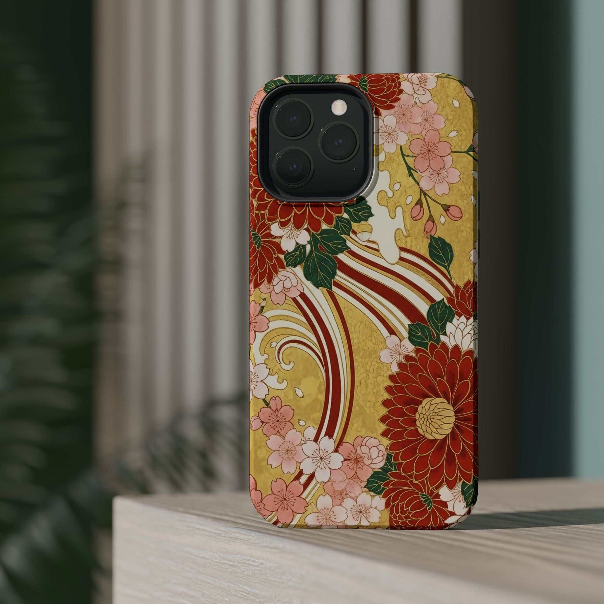 iPhone case with Japanese chrysanthemum and cherry blossom floral design, impact-resistant and MagSafe compatible