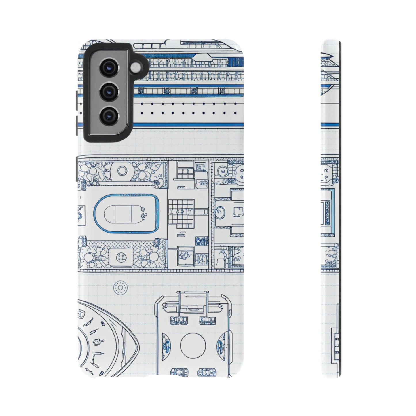 Samsung phone case with detailed blue cruise ship design blueprint, durable and protective for travel enthusiasts