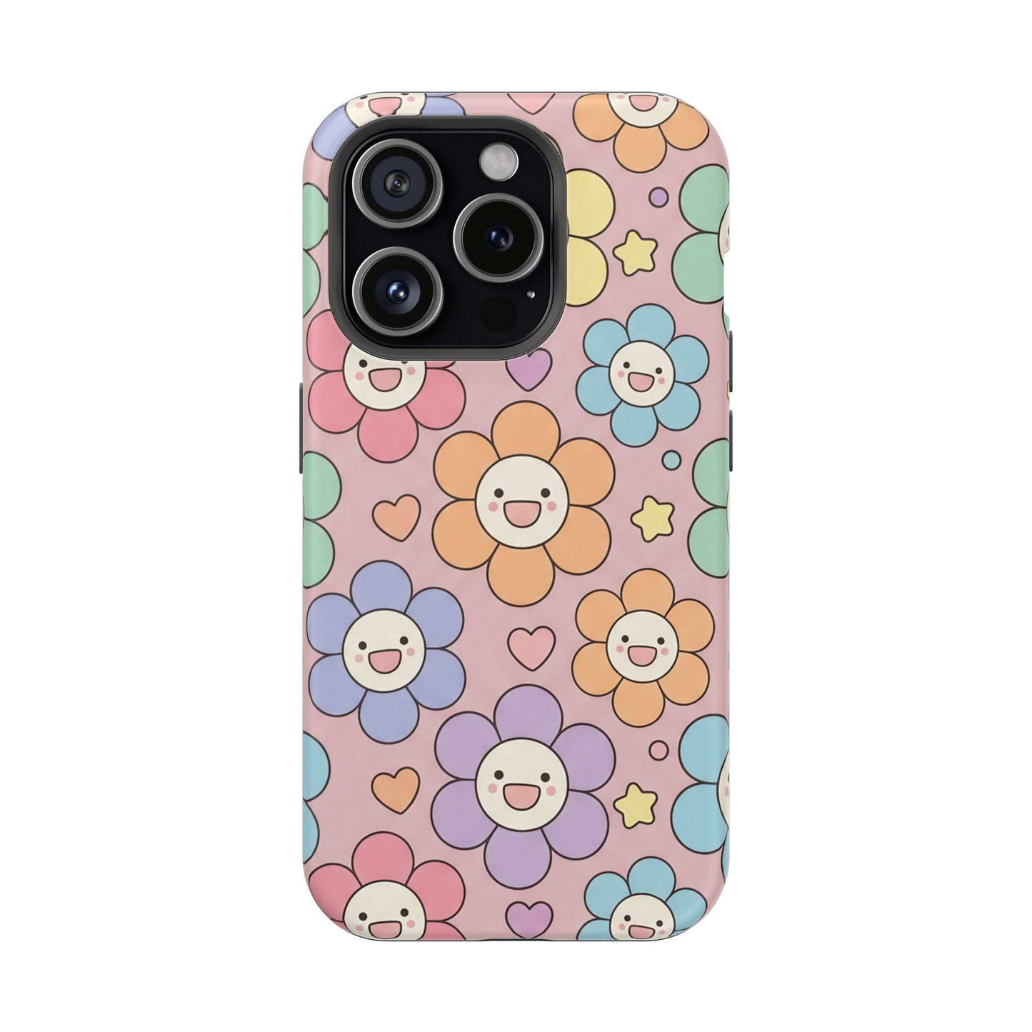 Happy Flower iPhone Tough Case with colorful smiling flowers and hearts, impact-resistant and MagSafe compatible phone cover